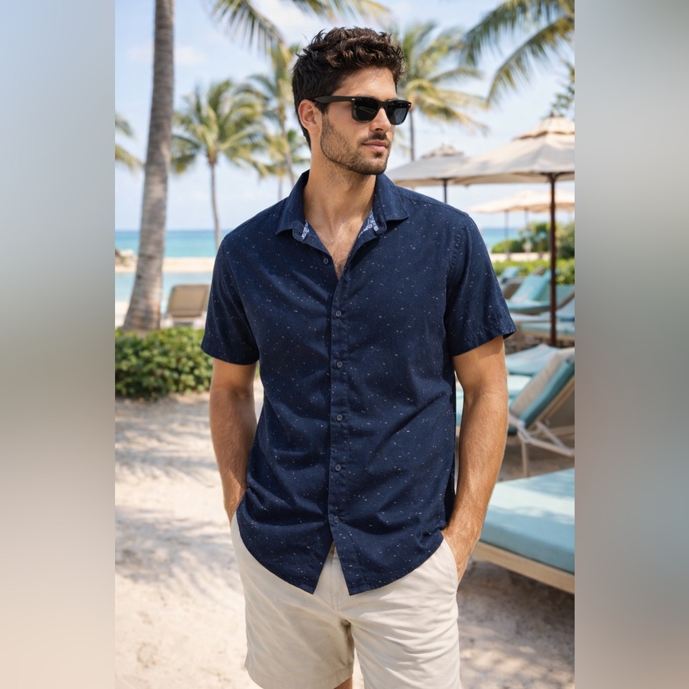 Denim & Flower Ricky Singh Navy Speckled Short Sleeve Button Down Shirt XL